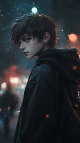 Moody night wanderer in glowing city street haze.