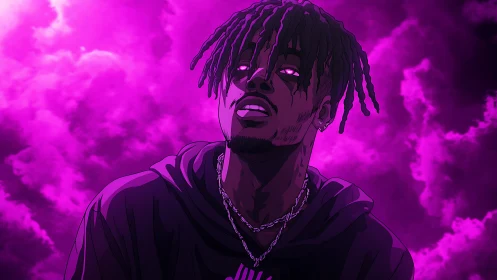 Neon violet portrait of hooded figure under storm clouds.