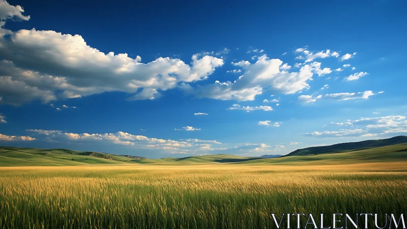 Golden wheat field under cumuliform clouds and deep blue sky