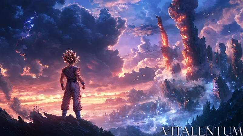 Lone hero gazing toward a stormlit, burning fantasy sky.