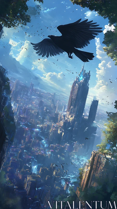 Silhouetted bird over dense futuristic vertical cityscape.