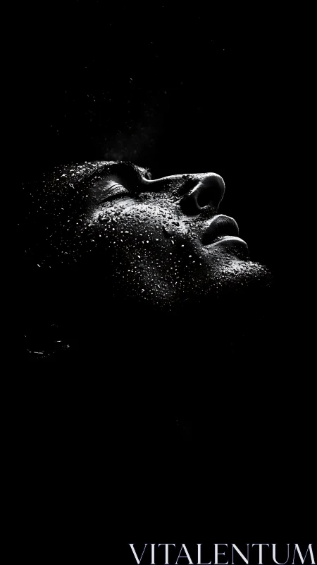 Wet profile portrait glows through deep black negative space.