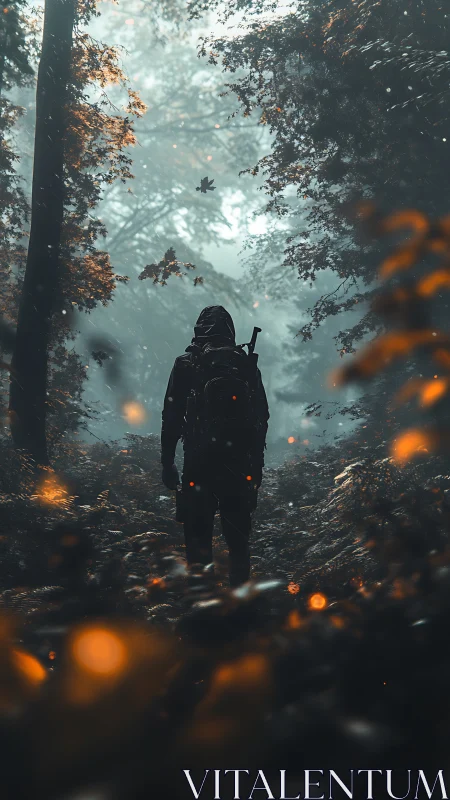 Solitary hiker moves through misty forest with ember glow