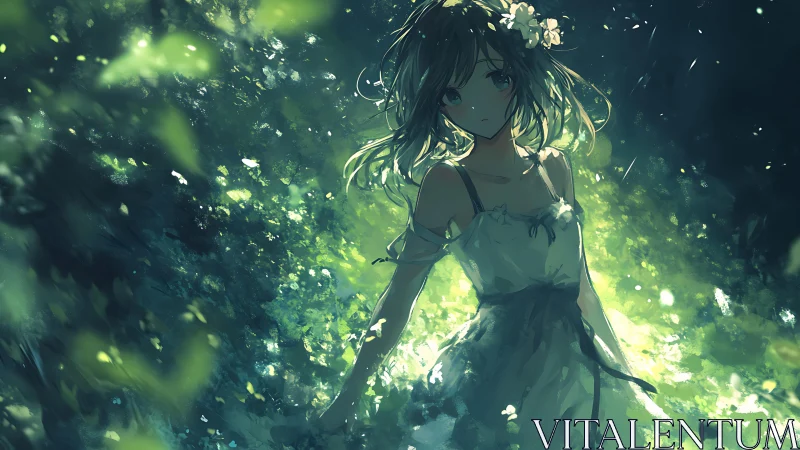 Forest-lit girl in white dress amid luminous green bokeh.