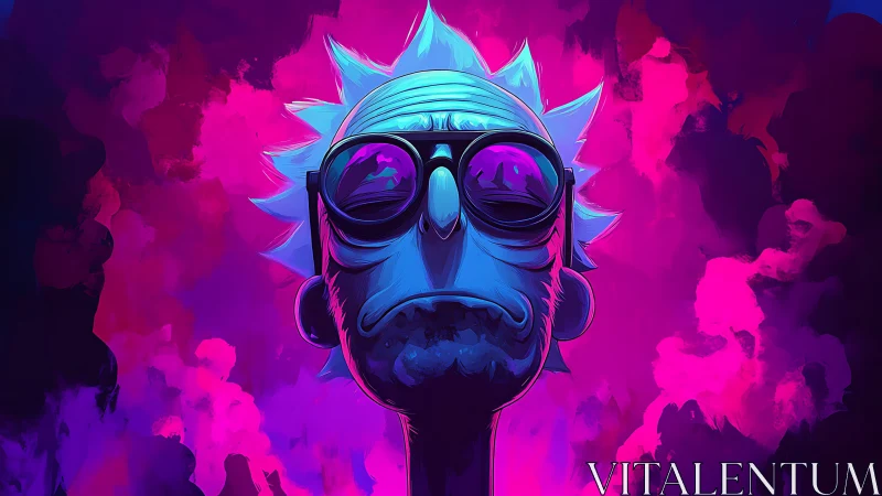 Dreamy neon scientist drifting through cosmic clouds.