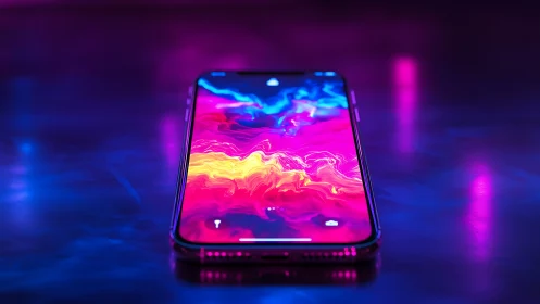 Neon-lit smartphone with abstract fluid display illumination.