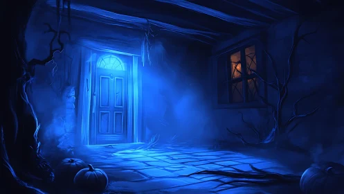 Blue-lit porch with pumpkins and closed front door at night.