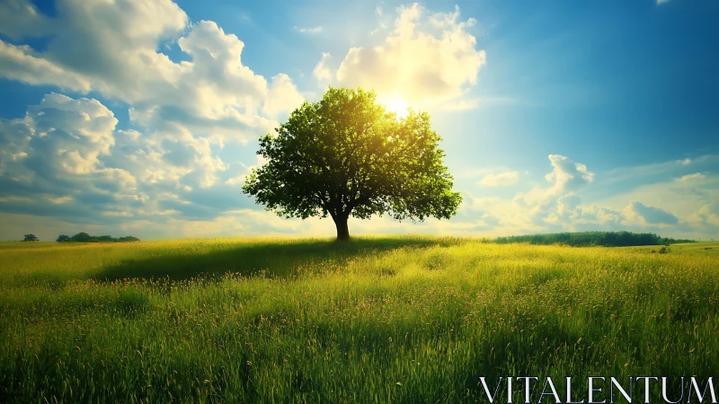 Solitary meadow tree drinks sunlight from a vast blue sky