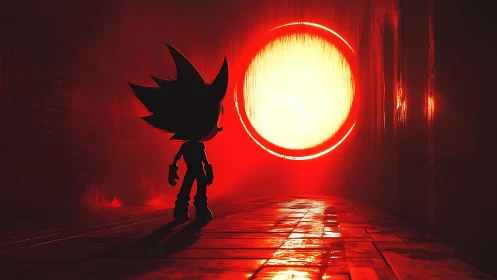 Silhouetted spiky figure facing bright circular portal in hall.