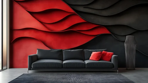 Modern black sofa in front of abstract red and black wave wall art.