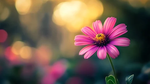 Pink Daisy in Golden Bokeh Light.