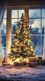 Golden Christmas tree by winter window with gifts glowing.