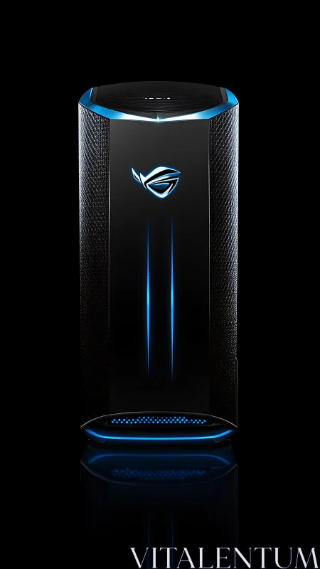 Vertical gaming tower rendered with neon blue edge lighting