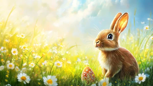 Easter meadow rabbit beside painted egg in spring sunlight.