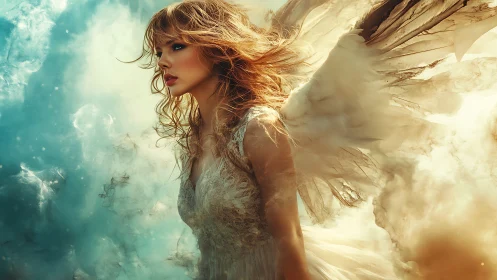 Storm-tossed angel strides through watercolor skyfire clouds.