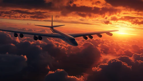 Sunset-swallowed sky giant glides through molten clouds