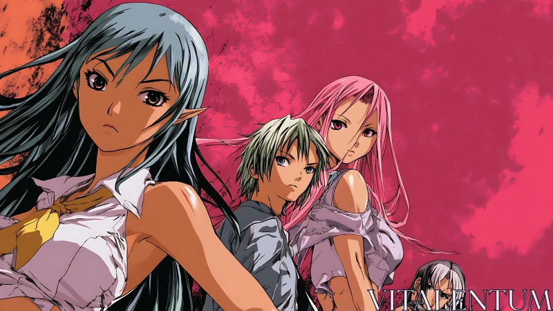 Four determined anime warriors stand against vivid pink sky