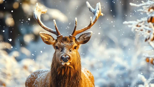 Stag in winter forest with snow-covered antlers in focus.