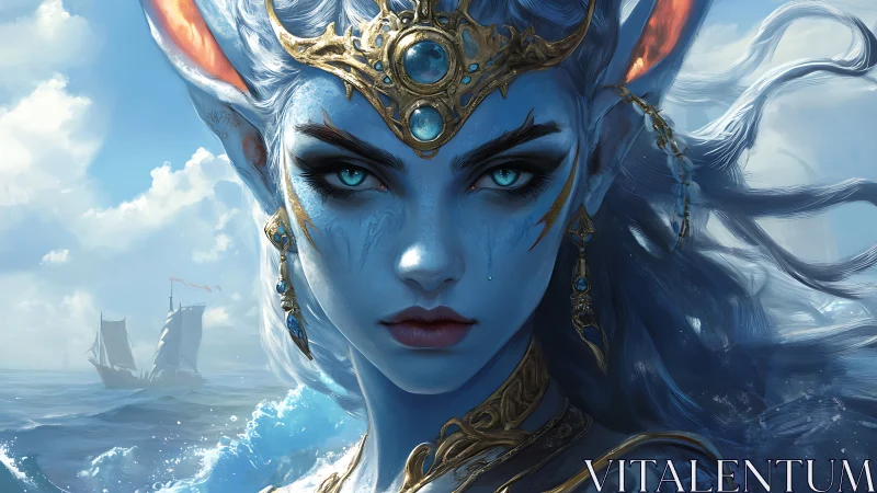 Sea-sorceress gazes over stormlit waves with regal resolve