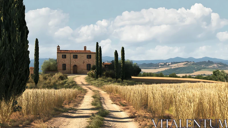 Sunlit Tuscan farmhouse along a winding golden dirt road.