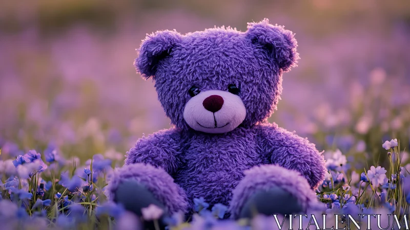 Lavender plush teddy bear in shallow depth-of-field meadow scene