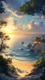 Coastal inlet with sunset light over water and cliffs.