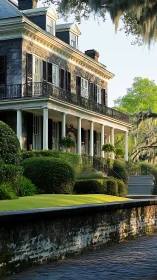 Federal-era masonry manor with colonnaded veranda and ironwork.