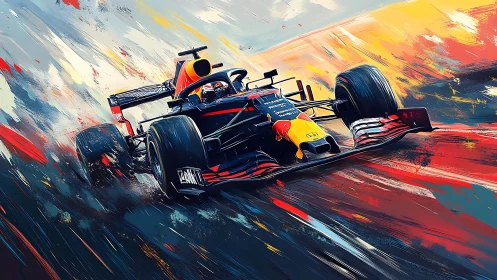Dynamic Formula One racer in expressive digital painting style.