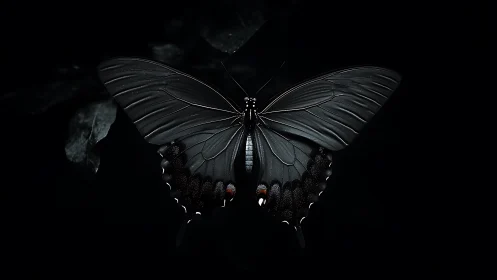 Nocturnal black butterfly macro in low key composition.