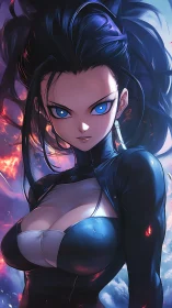 Plasma-eyed combatant amid prismatic atmospheric ignition field.