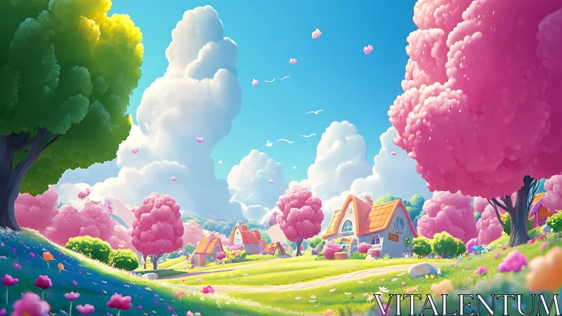 Pastel village landscape under fluffy cotton candy trees.