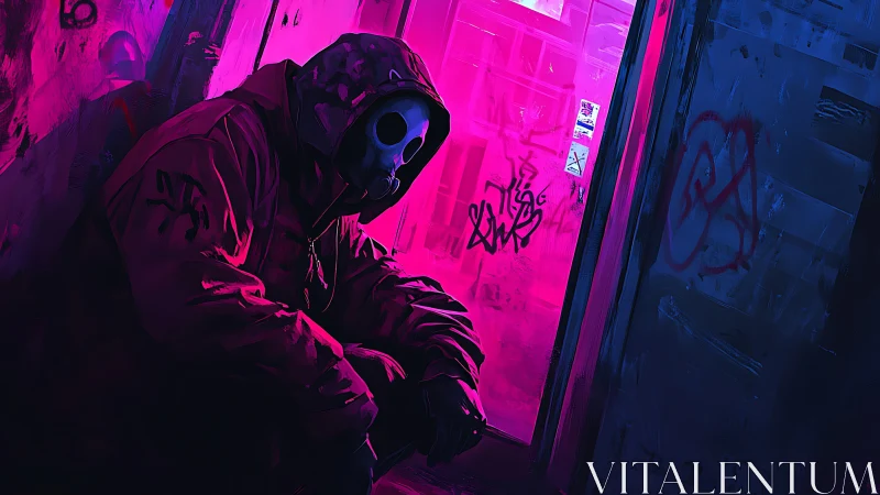 Hooded figure in gas mask sits in neon graffiti alleyway
