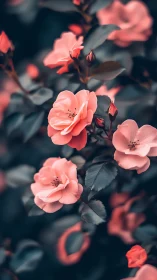 Coral roses flourish against moody dark foliage.