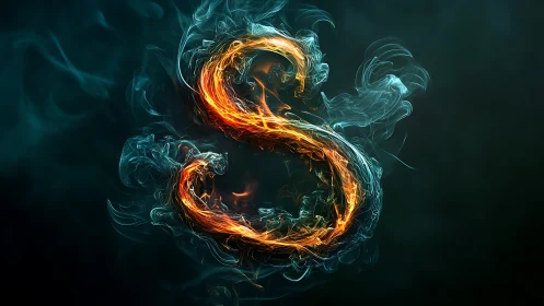 Fiery letter S coils through swirling smoke on dark field