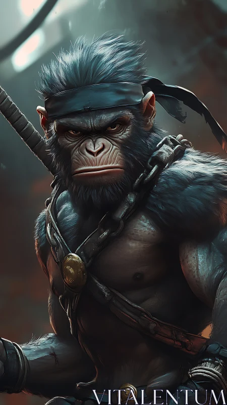 Warrior monkey stands armed in smoldering jungle light.
