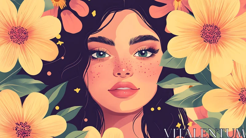 Soft summer portrait framed by golden blooming flowers.