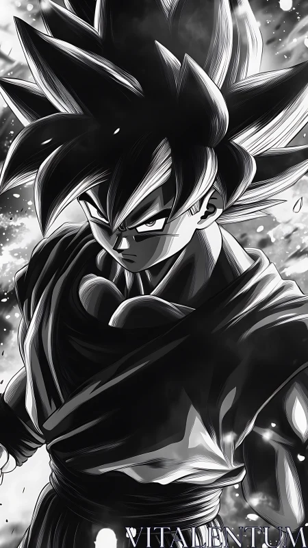 Spiky haired anime warrior rendered in high contrast monochrome