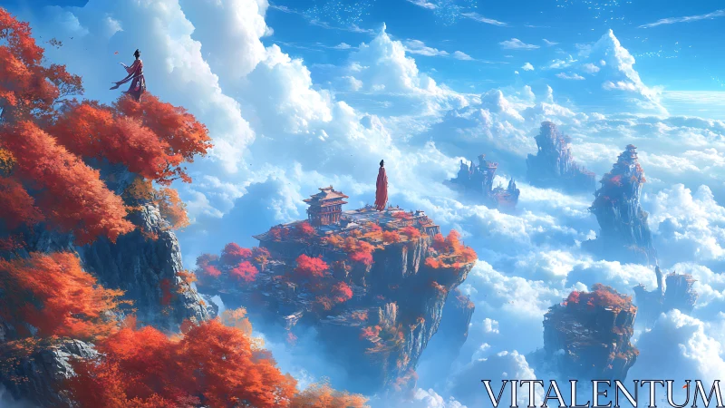 Floating autumn temples rise through volumetric cloud sea