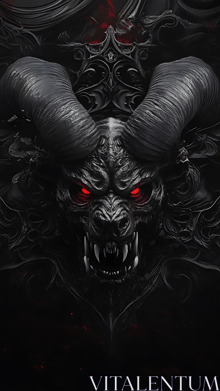 Dark horned demon head glows with fierce crimson eyes