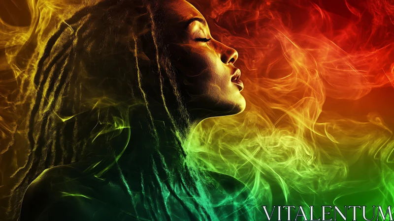 Serene profile in glowing red, yellow, and green smoke.