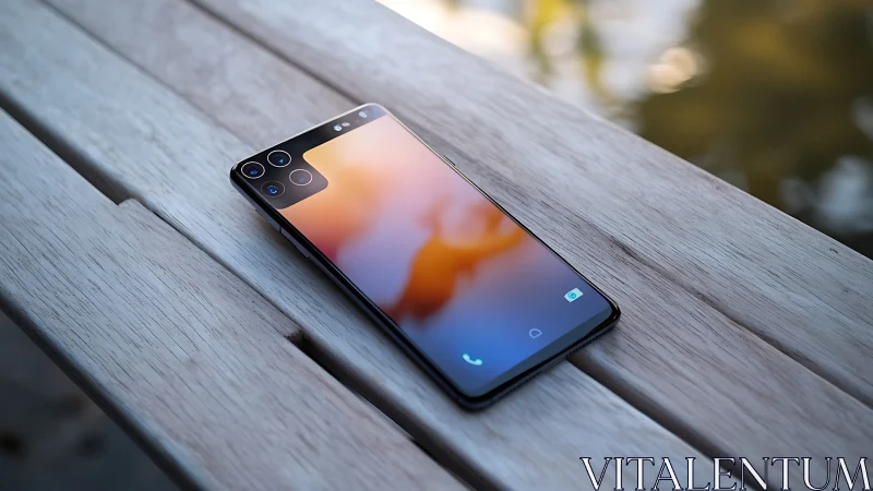 Smartphone with multiple rear cameras positioned on weathered wooden surface