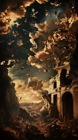 Baroque celestial battle erupts above crumbling citadel