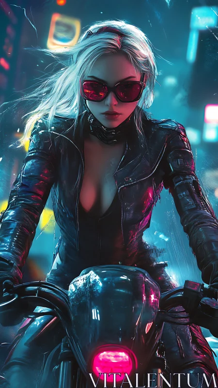 Cyberpunk biker woman in black leather on neon lit street.