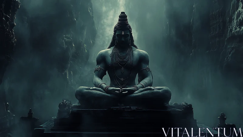 Colossal meditative deity statue in misty mountain gorge.