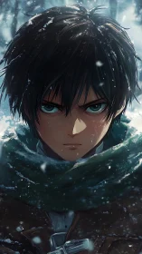 Snow-laden anime warrior with glacial gaze and scarfed profile.