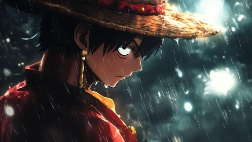 Stormlit wanderer gazes ahead with quiet, unshaken resolve