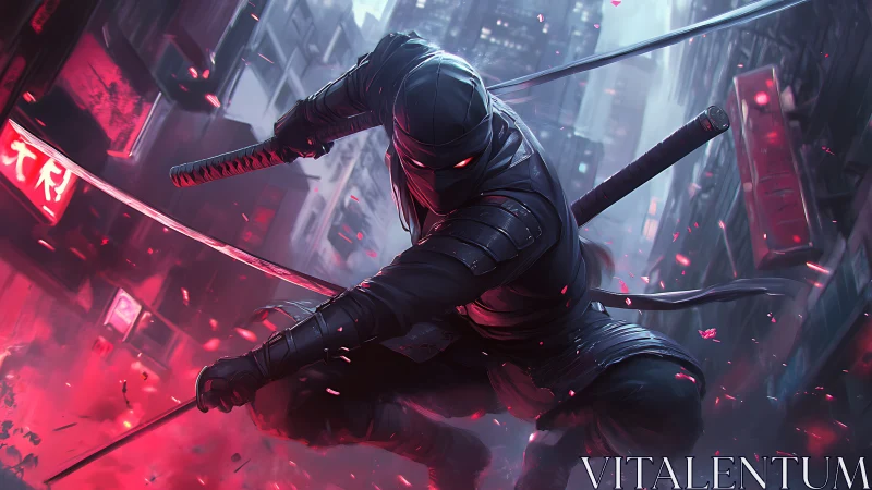 Neon rooftops ignite as a shadowy cyber ninja descends.