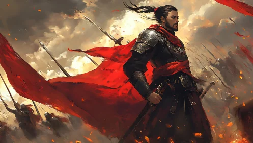 Heroic warlord in red banners, cinematic digital painting style.