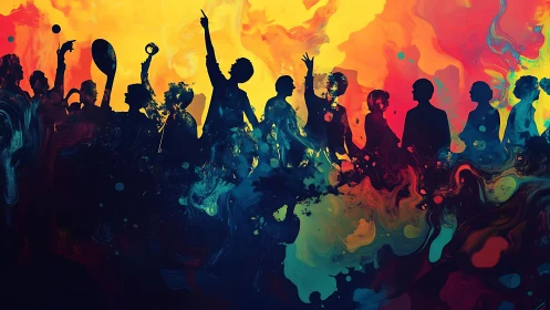 Crowd silhouettes merge with swirling neon pigment fields.