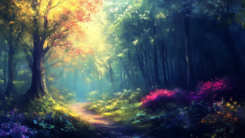 Sunlit Forest Corridor with Floral Undergrowth